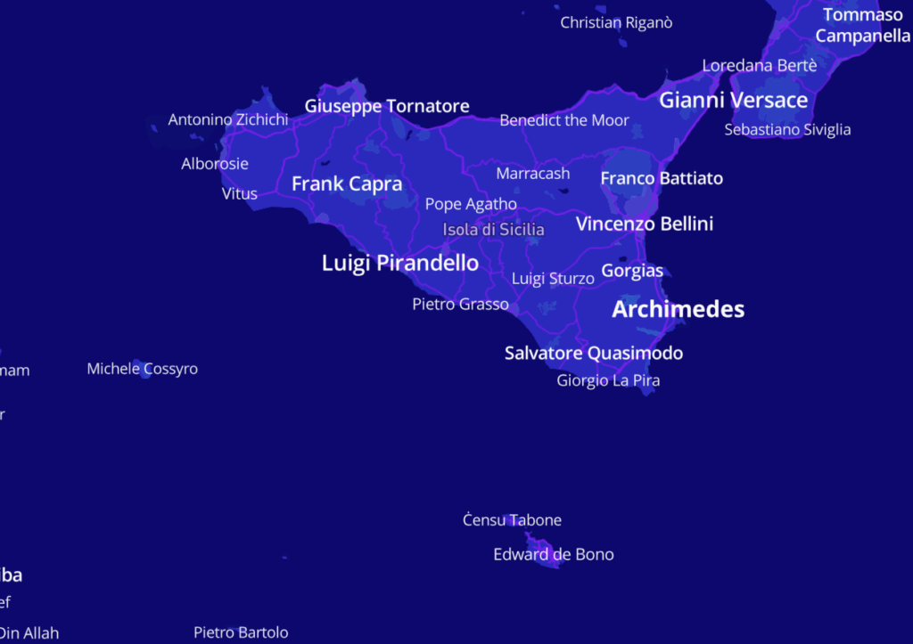 Particolare della Notable People Map con l'indicazione di Michele Cossyro su Pantelleria